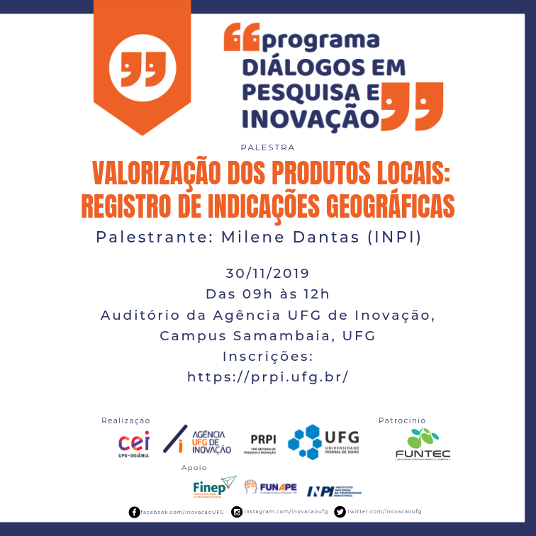 Cartaz  da palestra Valorização dos Produtos Locais: Registro de Indicações Geográficas dia 30/11/2019